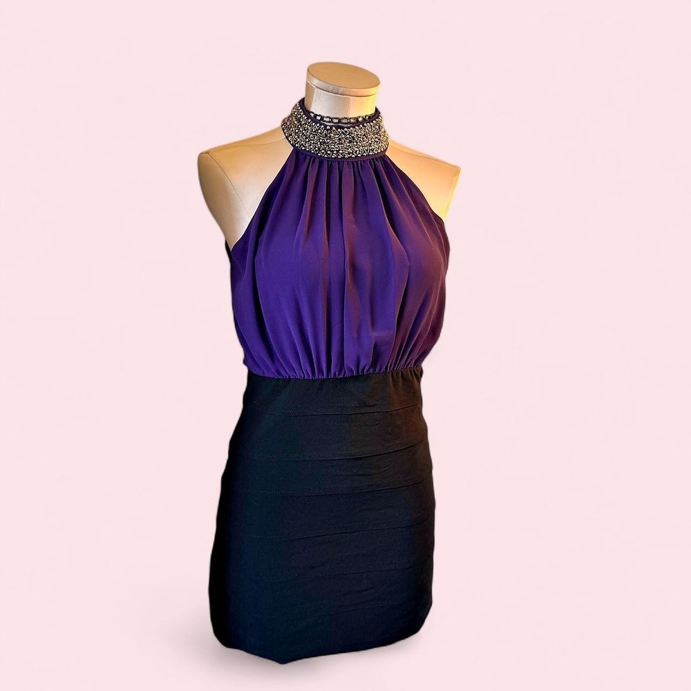 Stunning purple and black halter mini dress